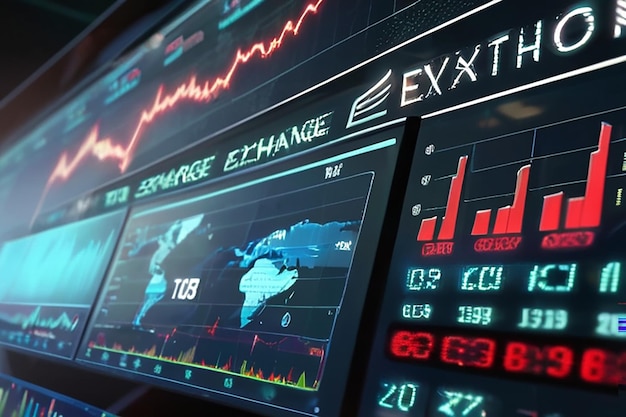 Futuristic stock exchange with general info shown on screen 3D Illustration