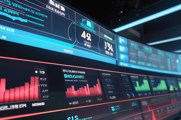 Futuristic stock exchange with general info shown on screen 3D Illustration