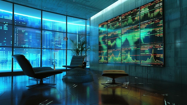 Photo futuristic stock market trading room with large windows overlooking the city