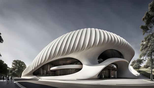 A futuristic striking architectural masterpiece a concrete building with multiple waves