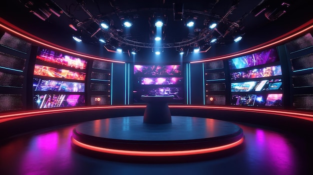 Futuristic Studio Set with Neon Lights Empty Platform and MultiScreen Display for Presentation Event