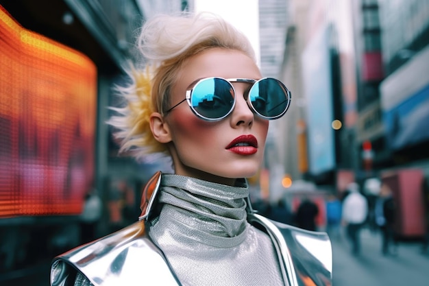 Photo futuristic and stylish 1980s fashion female model poses on the streets of the city during the daytime generative ai