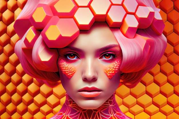 Futuristic stylish fashion art with hexagonal shape pattern and vivid pink color of model posing in studio