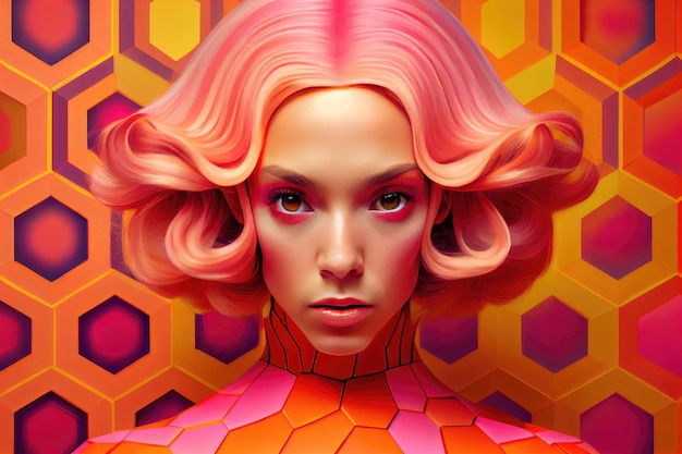 Futuristic stylish fashion art with hexagonal shape pattern and vivid pink color of model posing in studio