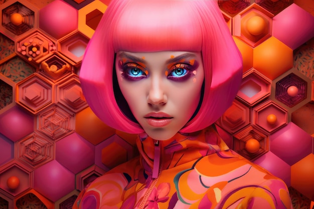 Futuristic stylish fashion art with hexagonal shape pattern and vivid pink color of model posing in studio