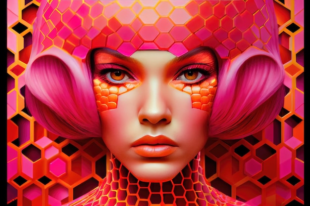 Futuristic stylish fashion art with hexagonal shape pattern and vivid pink color of model posing in studio