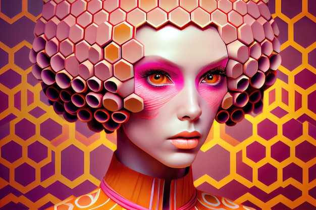 Futuristic stylish fashion art with hexagonal shape pattern and vivid pink color of model posing in studio