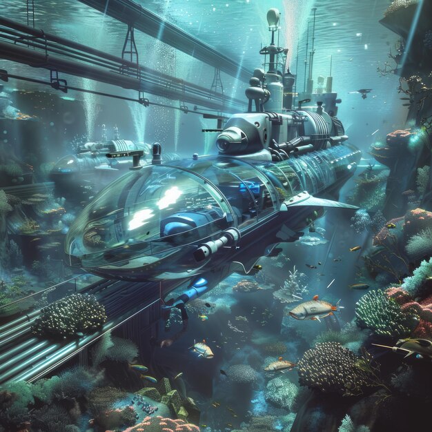 Photo futuristic submarine with a transparent cockpit explores an underwater environment