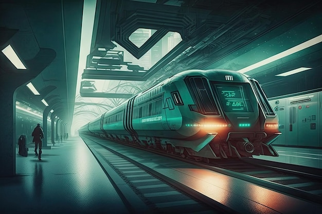 Futuristic subway system with sleek and modern trains and futuristic design