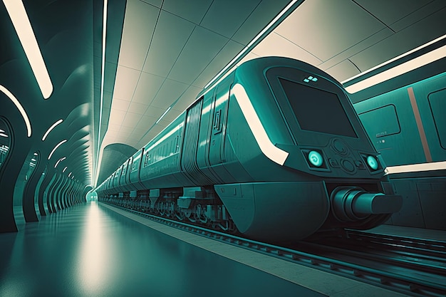 Futuristic subway system with sleek and modern trains and futuristic design