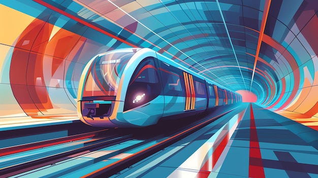 Futuristic subway train speeding through a colorful tunnel