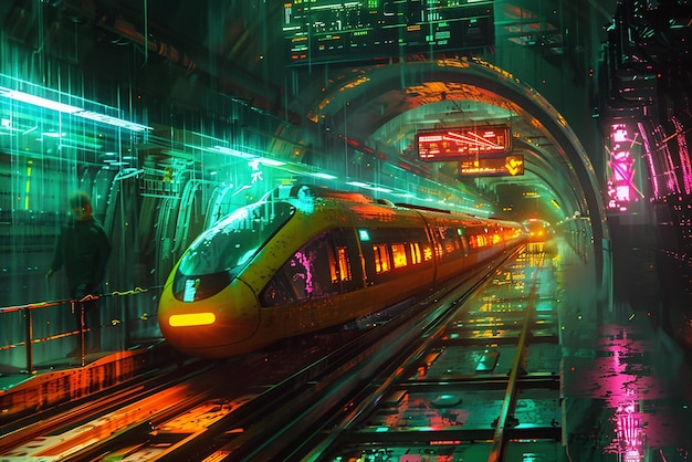 Futuristic subway with surreal floating trains and vibrant stations