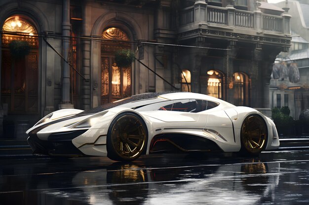 Futuristic Super car Concept Parked Street City Automotive Vehicle