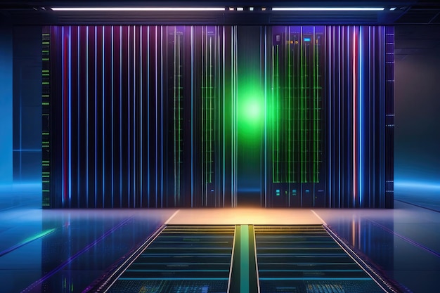 A futuristic super computer mainframe with a green light