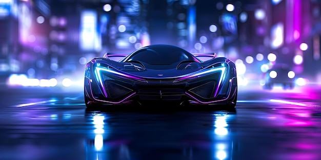 Futuristic supercar in a city at night A stunning and vibrant scene Concept Cityscape Night Photography Futuristic Supercar Vibrant Scene