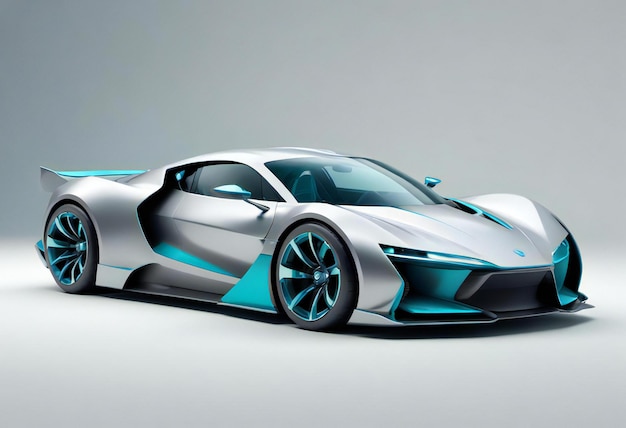 A futuristic supercar sports car silver and teal