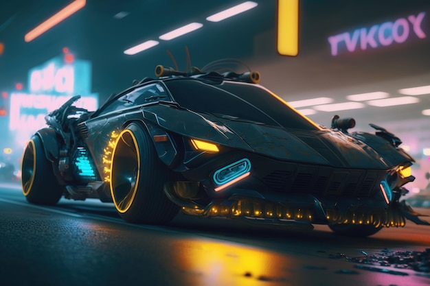 A futuristic supercar with a neon