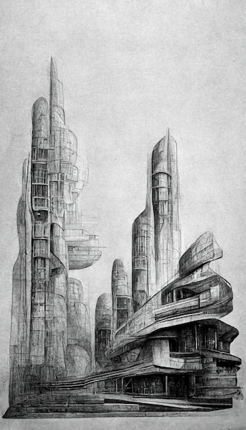 Futuristic surreal urban modern architecture pencil drawing style Fantasy alien city