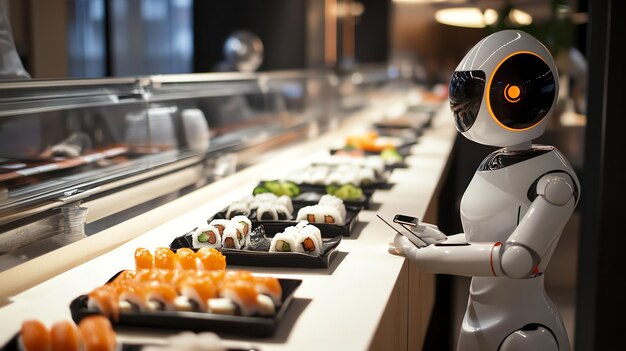 A futuristic sushi restaurant featuring a robotic waiter serving fresh sushi on a conveyor belt