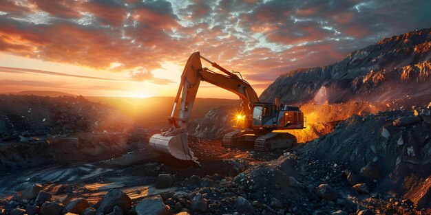 Photo futuristic and sustainable electric excavator in openpit mine at sunset concept electric excavator sustainable technology openpit mining futuristic machinery sunset scene