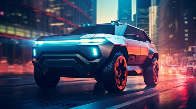 Photo futuristic suv car in fictional neon city neural network ai generated