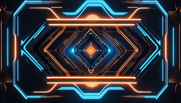 Futuristic symmetry and reflection abstract background with orange and blue neon lights