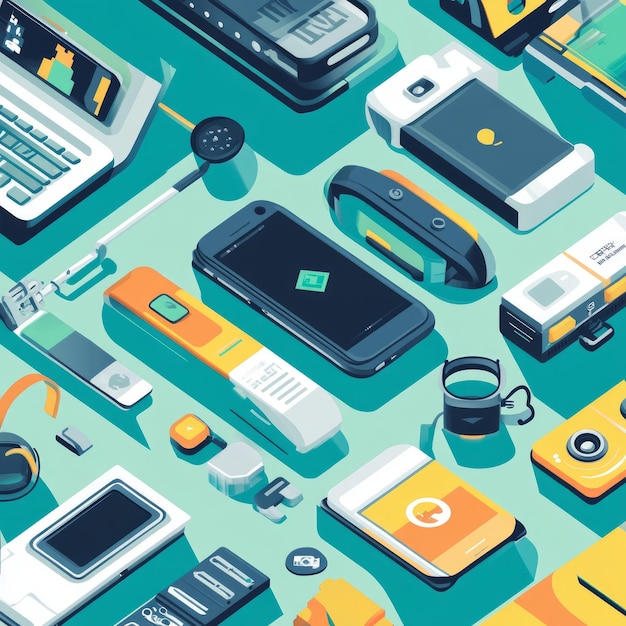 Photo futuristic tech devices arranged in a pattern on a teal background