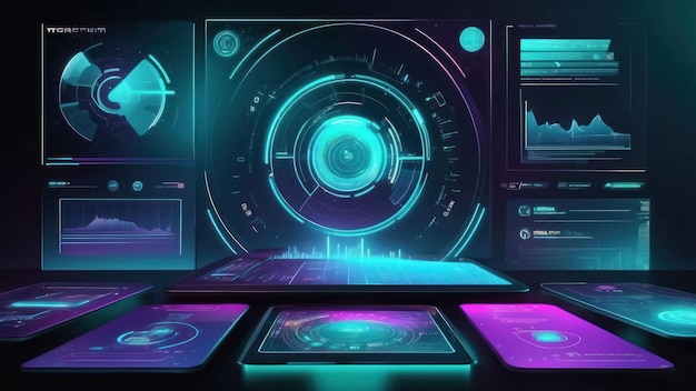 Futuristic tech HUD display with holographic overlays and neon blue circular patterns