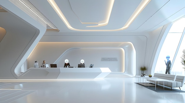 Photo futuristic tech lobby with holographic receptionists and sleek modular furniture