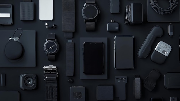 Photo futuristic tech minimalism flat lay with dark background