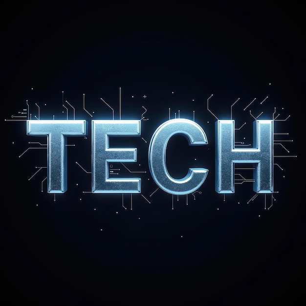 Futuristic TECH text with glowing blue neon letters and circuit board design