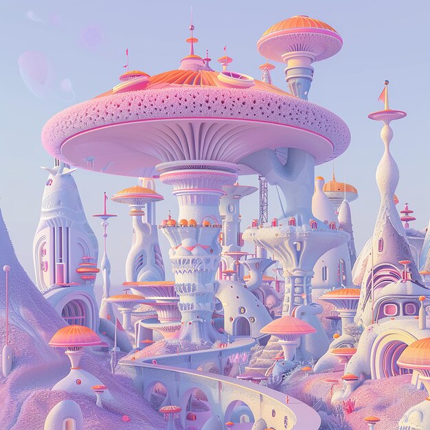 futuristic technological mushroom city with arrows The mushrooms have minute complex artistic