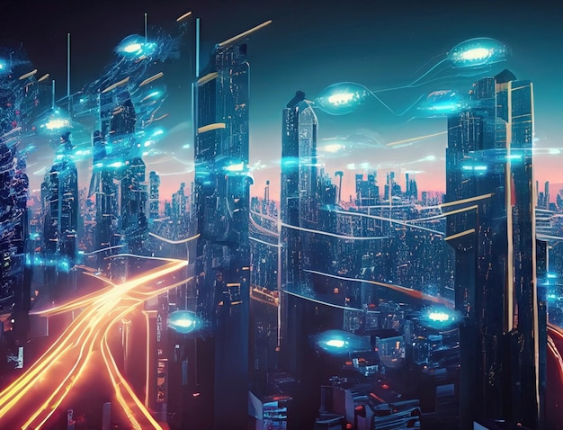 A futuristic technology background showcasing a cityscape at night