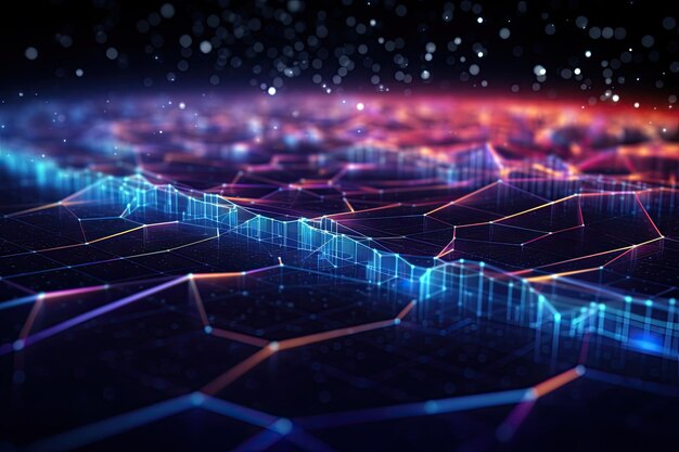 Futuristic technology background with glowing lines and dots 3d rendering Cyber big data flow Blockchain data fields Network line connect stream AI Generated