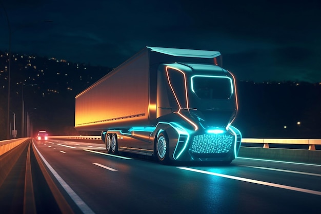 Futuristic Technology Concept Autonomous Semi Truck with Cargo Trailer