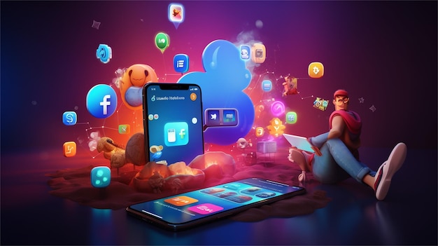 Futuristic technology concept with mobile phone and cloud of application icons