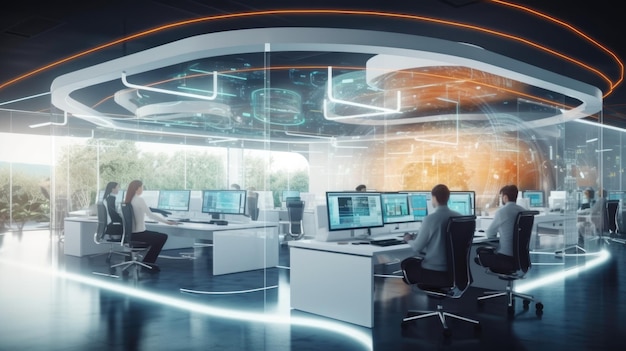 Futuristic technology open space office interior Corporate office for strategy of finance operations marketing