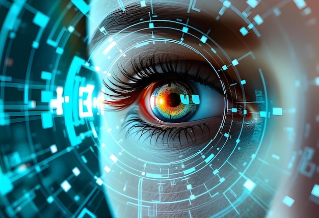 Photo futuristic technology vision closeup of a womans eye with digital data overlay