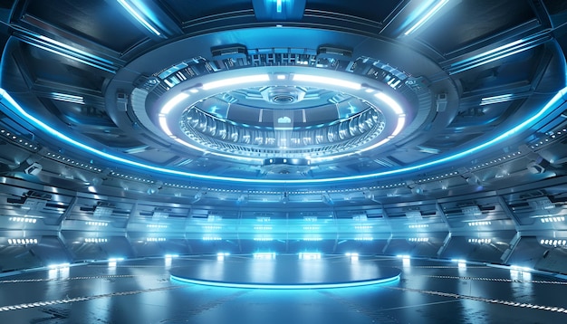 Futuristic teleport station in blue interior