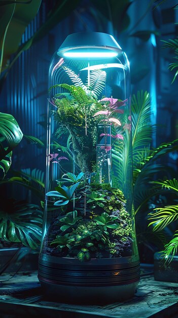 Futuristic terrarium welllit professional photo