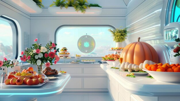 Photo a futuristic thanksgiving dinner with advanced technology holographic decorations and robots serving