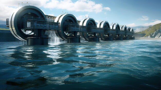 A futuristic tidal power plant located in the heart of the ocean