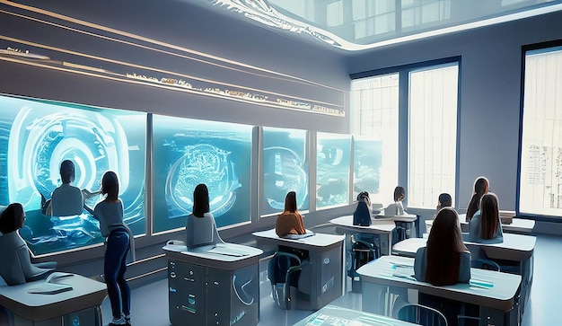 A futuristic touch screen in classroom filled with students learning from interactive holographic