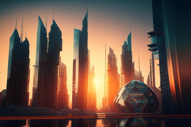 futuristic town with high modern buildings hologram with skyscrapers with orange background