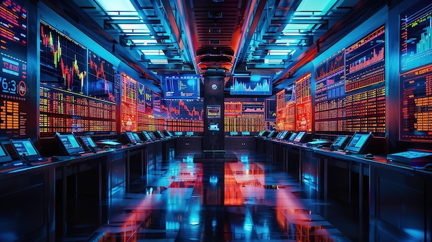 Photo futuristic trading room with vibrant displays