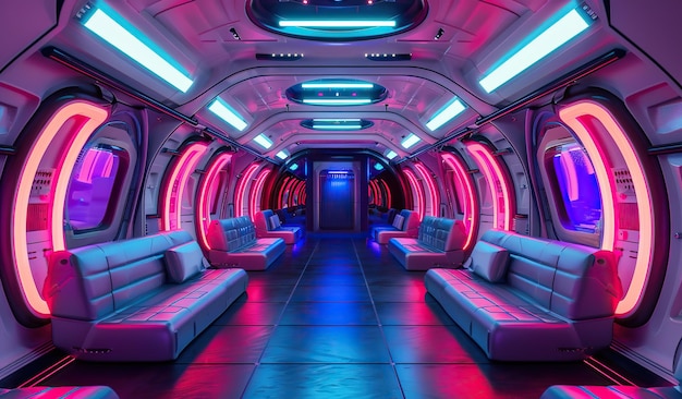 Futuristic train interior with neon lighting and modern design