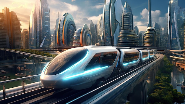 Futuristic train racing through a futuristic city