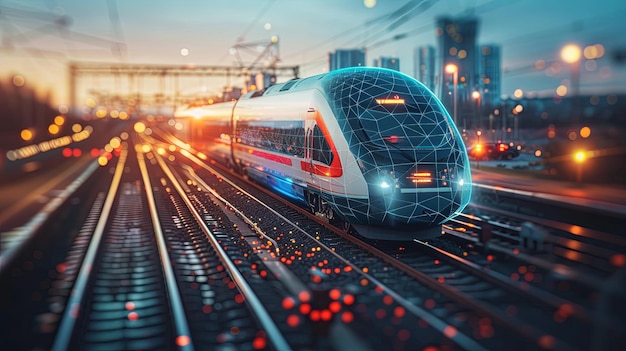 Futuristic train on railway tracks near skyscrapers