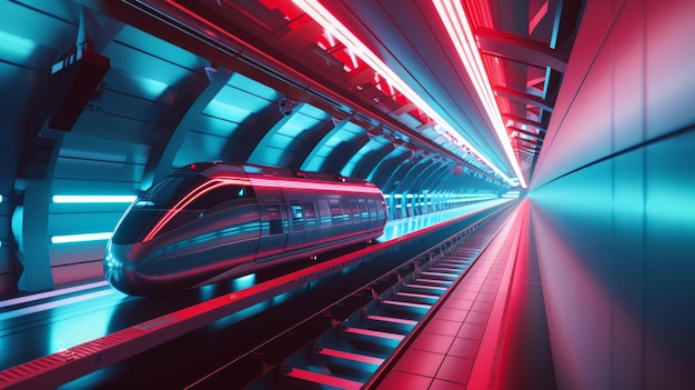 Photo futuristic train speeding through a neonlit subway tunnel