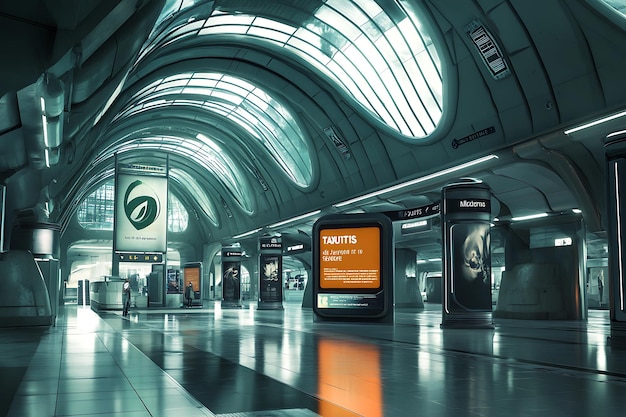 Futuristic Train Station with Sleek Design and Ads